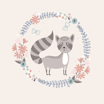 Cute raccoon with floral frame