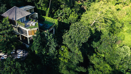 Drone aerial view of wedding ceremony at luxury hotel
