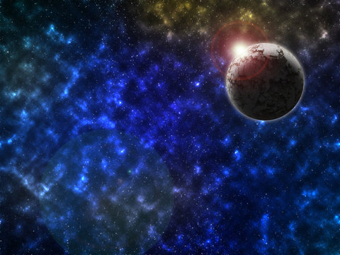 Starry outer space background texture. The sun is behind the dead planet. © Prot