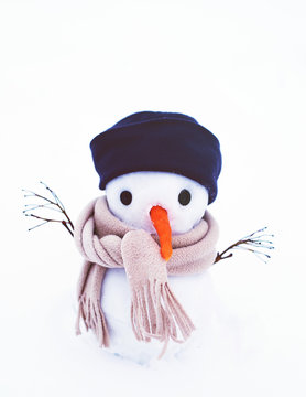 Small snowman in a cap and a scarf on snow in the winter. Festive background with a lovely snowman. Christmas card, copy space