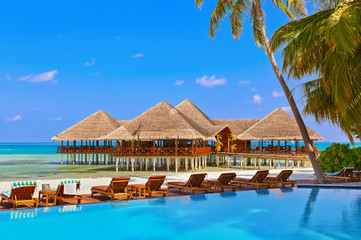 Pool and cafe on Maldives beach