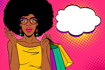 Wow female face. Sexy surprised african american black woman with open mouth and afro hair holding shopping bags in her hand and speech bubble. Vector bright background in pop art retro comic style. 