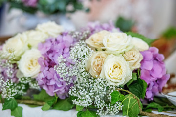 Decor of flowers of hydrangea and rose. The concept of a holiday, a wedding, marriage.