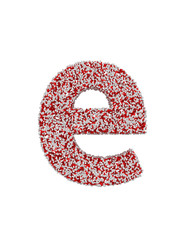 3D render of red and white alphabet make from pills. small letter e with clipping path. Isolated on white background