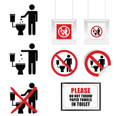 no throw paper towels in toilet sign set illustration
