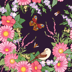 Floral seamless pattern with butterflies