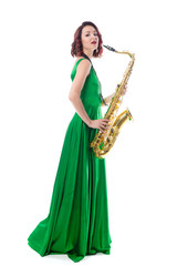 Fototapeta premium woman with saxophone isolated on white