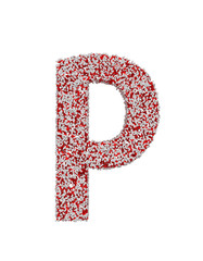 3D render of red and white alphabet make from pills. small letter p with clipping path. Isolated on white background