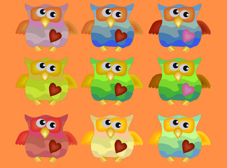 A set of nine cool owls with drunken fists and hearts on their chests.