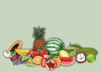 Vector hand-drawn fruit and berry vertical banners on a colorful background. Design for natural cosmetics, sweets and pastries filled with fruit, dessert menu, health care products.and text