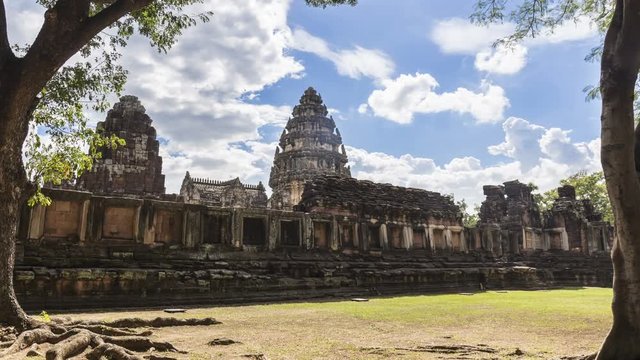 4K time lapse of The inner sanctuary of Prasat Hin Phimai, ancient Khmer temple complex or landmark in Nakhon Ratchasima province, Thailand