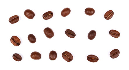 pile coffee beans isolated on white background and texture, top view
