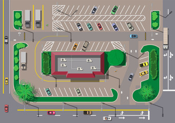 Fast food cafe restaurant and parking for cars. © absent84