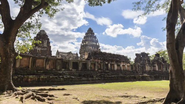 4K time lapse of The inner sanctuary of Prasat Hin Phimai, ancient Khmer temple complex or landmark in Nakhon Ratchasima province, Thailand