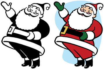 Santa Claus gestures and points to something interesting.