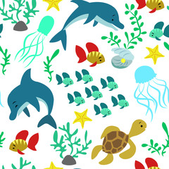 Seamless pattern with dolphins, fish, jellyfish, sea weed, turtles, seashells, stars. Marine life, underwater life.