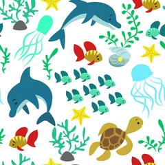 Gordijnen Naadloze patroon met dolfijnen, vissen, kwallen, zeewier, schildpadden, schelpen, sterren. Zeeleven, onderwaterleven. © Tetiana