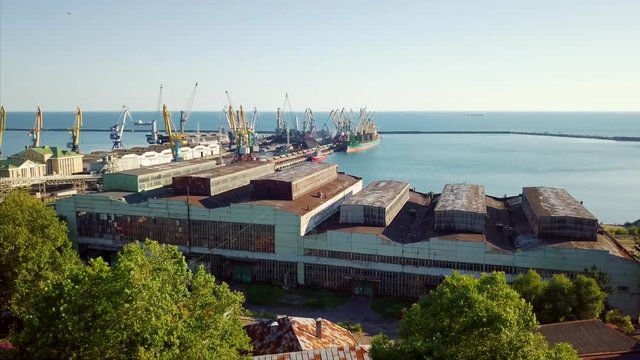 Aerial view from drone on seaport building and cranes in Tuapse
