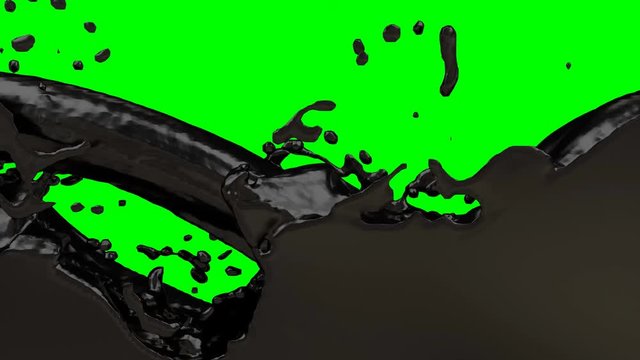 Animated stream of black paint or oil pouring and splashing filling up whole container against green background.