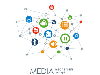 Media mechanism concept. Growth abstract background with integrated meta balls, integrated icon for digital, strategy, internet, network, connect, communicate, technology, global concepts