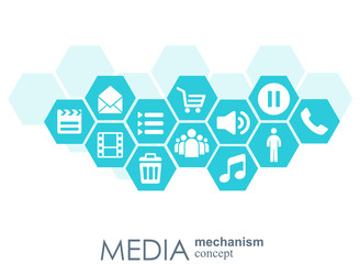 Media mechanism concept. Growth abstract background with integrated meta balls, integrated icon for digital, strategy, internet, network, connect, communicate, technology, global concepts