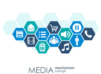 Media mechanism concept. Growth abstract background with integrated meta balls, integrated icon for digital, strategy, internet, network, connect, communicate, technology, global concepts