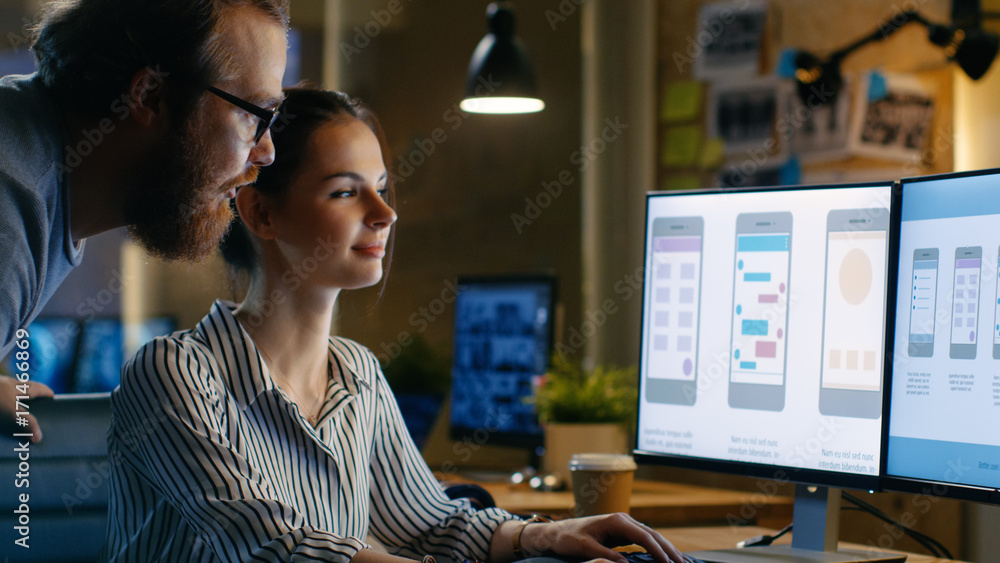 Poster female ux architect has discussion with male design engineer, they work on mobile application late a