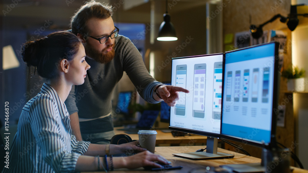 Poster female ux architect has discussion with male design engineer, they work on mobile application late a