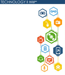 Technology mechanism concept. Abstract background with integrated gears and icons for digital, strategy, internet, network, connect, communicate, social media and global concepts. Vector infographic