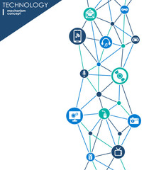 Technology mechanism concept. Abstract background with integrated gears and icons for digital, strategy, internet, network, connect, communicate, social media and global concepts. Vector infographic