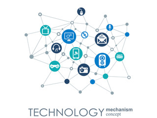 Technology mechanism concept. Abstract background with integrated gears and icons for digital, strategy, internet, network, connect, communicate, social media and global concepts. Vector infographic