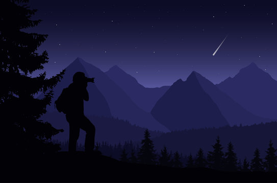 Vector illustration of a mountain landscape with trees and a human being photographed under a night purple sky with stars