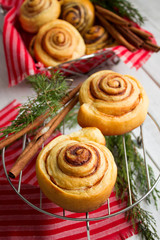 Traditional sweet homemade cinnamon rolls. Cinnamon buns against the background of fir branches and cinnamon sticks.