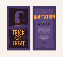 Naklejka premium Happy Halloween. Template of invitation card design from front and back side. Hat of witch with spider and inscription Trick or treat.