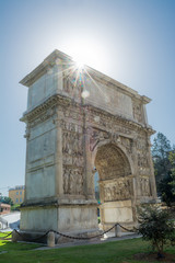 Fototapeta na wymiar The Arch of Trajan in Benevento in backlight (Italy)
