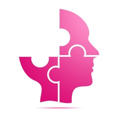 The color pink human head composed of pink puzzle pieces with gray shadow below the head on a white background. Incomplete human head composed of geometric elements 