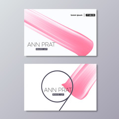 Make-up business card templates with pink vector abstract smudge. Lipstick smear isolated on white background