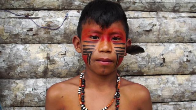 Native Brazilian Boy on a indigenous Tupi Guarani Tribe in Brazil