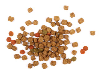 Dry dog food isolated on white background, top view