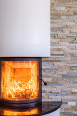 Interior shot of a modern marble fireplace