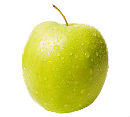 Yellow spelled appetizing apple dotted with drops of water on a white isolated background