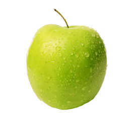 Green spelled appetizing apple dotted with drops of water on a white isolated background