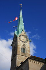 Ancient clock on the top of Fraumuenster church in Zurich