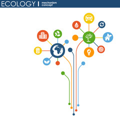 Fototapeta premium Ecology mechanism concept. Abstract background with connected gears and icons for eco friendly, energy, environment, green, recycle, bio and global concepts. Vector infographic illustration