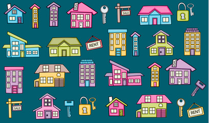 Real estate icons concept  cartoon doodles sticker design. Hand drawn colorful vector illustration collection.