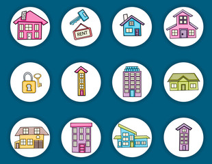 Real estate icons concept  cartoon doodles sticker design. Hand drawn colorful vector illustration collection.