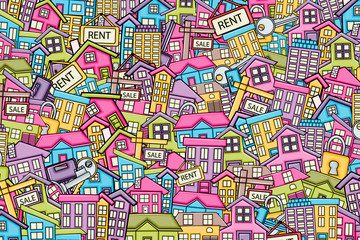 Real estate concept in 3d cartoon doodles background design. Hand drawn colorful vector illustration.