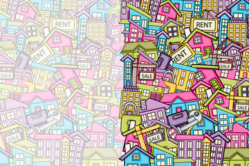 Real estate concept in 3d cartoon doodles background design. Hand drawn colorful vector illustration.