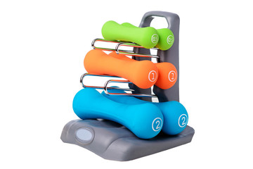 Set of colored isolated dumbbells for sport on a white background folded on a special gray stand