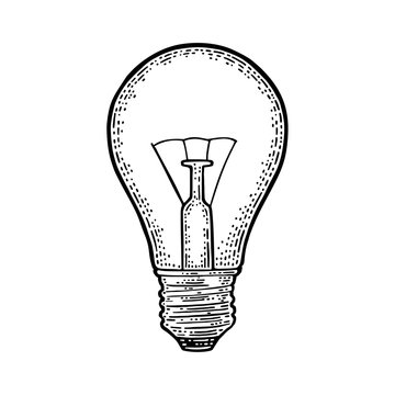 Glowing light incandescent bulb. Vector vintage engraving on white background